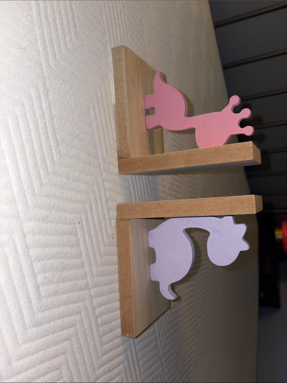 Wood Wall Shelf Brackets with Pink and Lavender Animal Accents